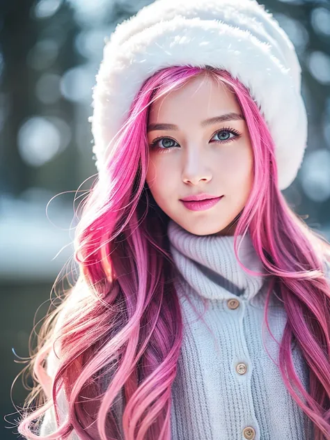 girl, vibrant pink hair, long hair, makeup, winter