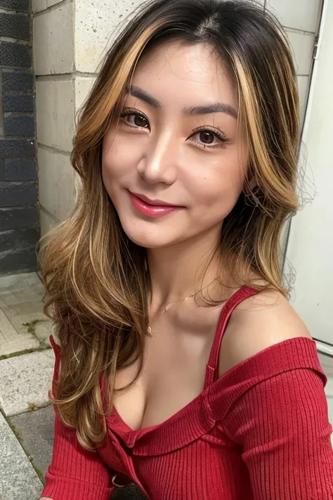 日本人A MILF, (Solo), 50 years old, (Wrinkles at the corners of the eyes:1.5), Large breasts, A MILF, glamor, A sexy, Chromo-white skin, Wavy Longhair, Looking at Viewer、Super large udder、Wearing a red knit off-shoulder dress、Tight fit knit dress Cheuchimuchi...