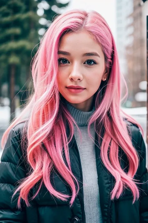 girl, vibrant pink hair, long hair, makeup, winter, instagram