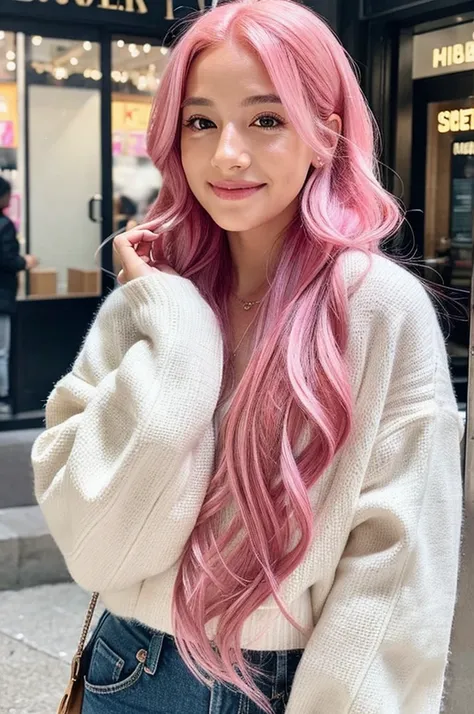 girl, vibrant pink hair, long hair, makeup, winter, instagram