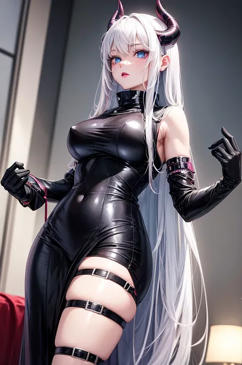 Precise human body structure、8K,​masterpiece, top-quality,an anime 、1 woman with long white hair、blue eyes、pink lip color、sexy black leather outfit、devil horns、Bedroom、