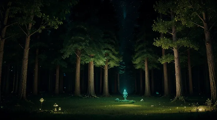 Design a magical forest with towering trees, bioluminescent plants, and mythical creatures.