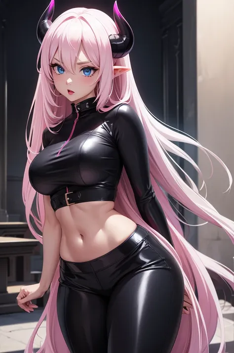 Precise human body structure、8K,​masterpiece, top-quality,an anime 、1 woman with long white hair、blue eyes、pink lip color、sexy black leather outfit、devil horns、Devil Temple、