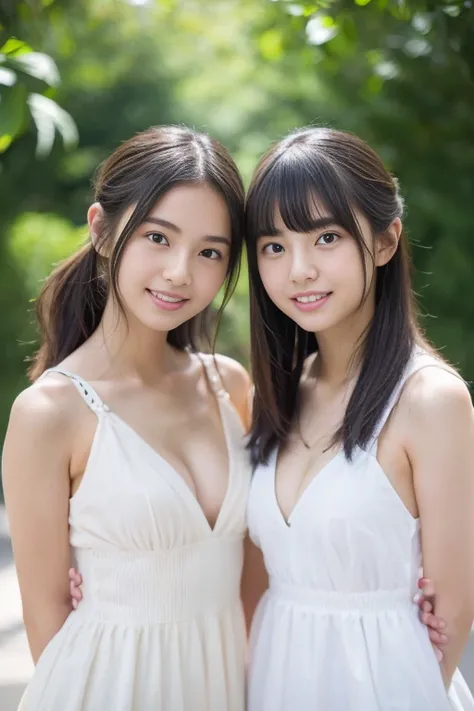 (2 girls in , couple focus, classmates, Pure and innocent，kawaii, 14years) ，and draw the full body, (Best Quality, 超A high resolution, photographrealistic, ultra-detailliert, 8K)，japanaese girl, cheek-to-cheek, cute white dress, Show me your beautiful teet...