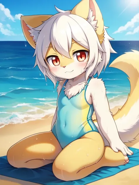 white cat, Alone, External, Red pupils,, (wet fur:1.4), detailed hair, young white cat，Blue and yellow gradient one-piece swimsuit,Firmware version, furry anime, Realistic anime cat, Bragon, very cute face, face flushed, Playful, young, detailedbackground,...