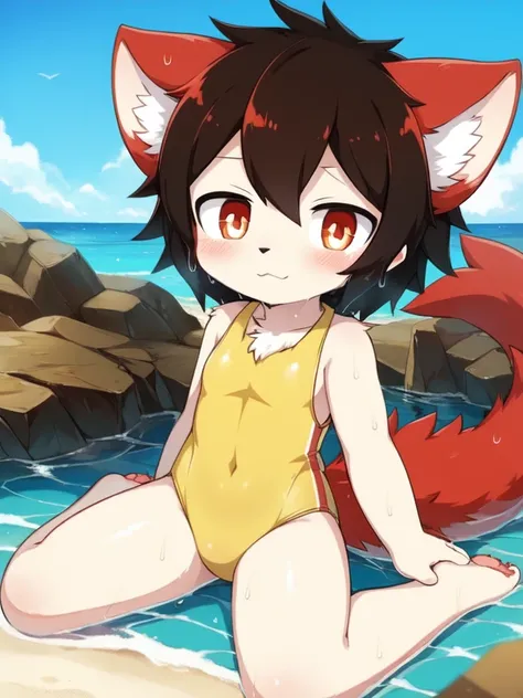 catss, Alone, External, Red pupils,, (wet fur:1.4), detailed hair, young 白catslue and yellow gradient one-piece swimsuit,Firmware version, furry anime, 现实的动漫catss, Bragon, very cute face, face flushed, Playful, young, detailedbackground, Detailed fanart, p...