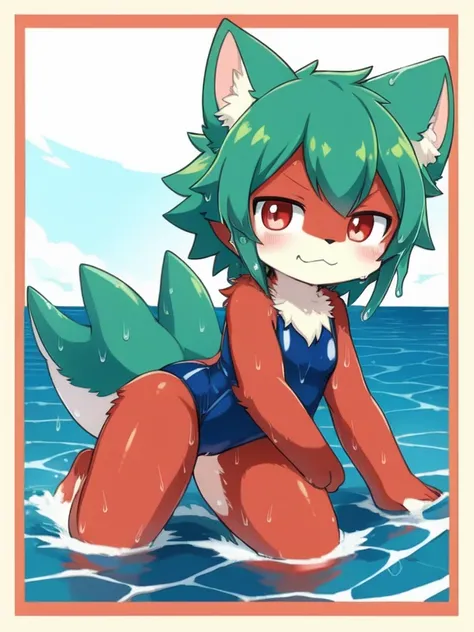 catss, Alone, External, Red pupils,, (wet fur:1.4), detailed hair, young 白catss，one piece swimsuit,Firmware version, furry anime, 现实的动漫catss, Bragon, very cute face, face flushed, Playful, young, detailedbackground, Detailed fanart, pixiv, digitial paintin...