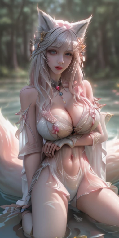 Photorealsitic，, White-haired girl with fox ears body)，(Painting of a white-haired fox sitting on a branch，Ethereal fox，Nine Tailsのキツネ，キツネNine Tailsキツネ)，onmyoji detailed art，(Nine Tails)，a beautiful artwork illustration，a mythical creature，Red fox，battle p...