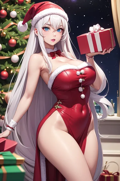 Precise human body structure、8K,​masterpiece, top-quality,an anime 、1 woman with long white hair、blue eyes、pink lip color、wearing a sexy Christmas outfit、holding a gift camera、Christmas house、