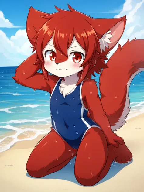 Alone, External, Red pupils,, (wet fur:1.4), detailed hair, young，one piece swimsuit,Firmware version, furry anime, Bragon, very cute face, face flushed, Playful, young, detailedbackground, Detailed fanart, pixiv, digitial painting, tmasterpiece, high high...