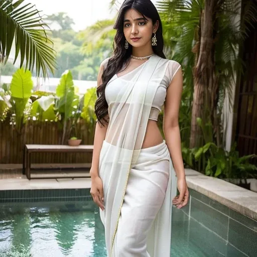 a cute woman in a white sari posing for a picture, featured on instagram, seductive, angular, , hot, sexy, wet body