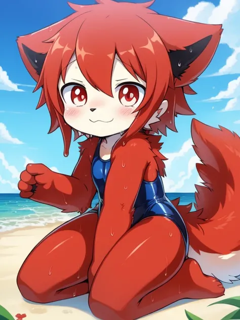 Alone, External, Red pupils,, (wet fur:1.4), detailed hair, young，one piece swimsuit,Firmware version, furry anime, Bragon, very cute face, face flushed, Playful, young, detailedbackground, Detailed fanart, pixiv, digitial painting, tmasterpiece, high high...