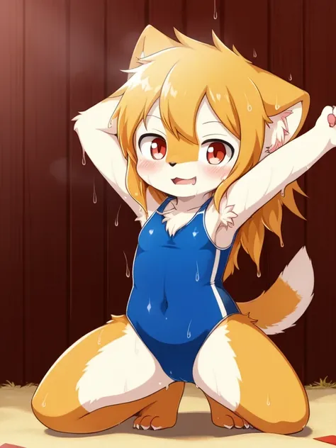 Alone, External, Red pupils,, (wet fur:1.4), detailed hair, young，one piece swimsuit,Firmware version, furry anime, Bragon, very cute face, face flushed, Playful, young, detailedbackground, Detailed fanart, pixiv, digitial painting, tmasterpiece, high high...