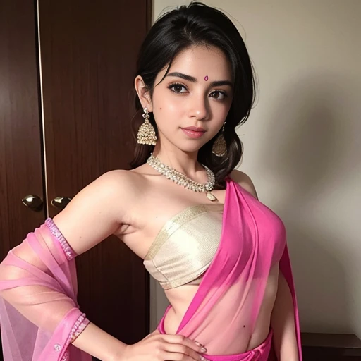 a cute woman in a pink sari posing for a picture, featured on instagram, seductive, angular, , hot, sexy,