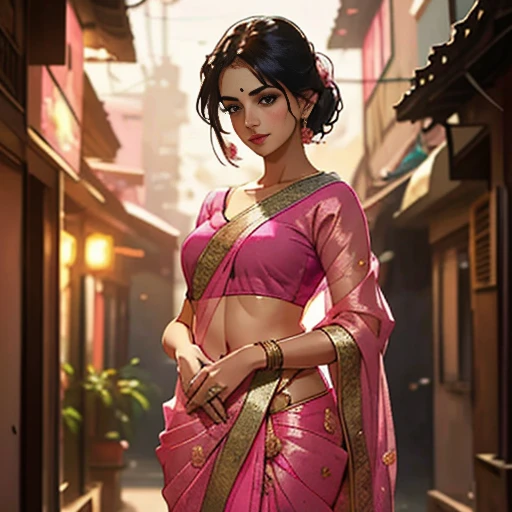 a cute woman in a pink sari posing for a picture, featured on instagram, seductive, angular, , hot, sexy,