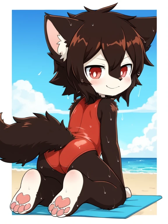 Alone, External, Red pupils,, (wet fur:1.4), detailed hair, young，one piece swimsuit,Firmware version, furry anime, Bragon, very cute face, face flushed, Playful, young, detailedbackground, Detailed fanart, pixiv, digitial painting, tmasterpiece, high high...