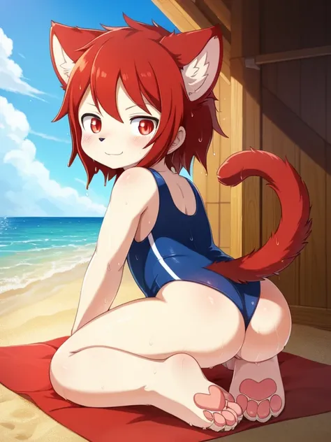 Alone, External, Red pupils,, (wet fur:1.4), detailed hair, young，one piece swimsuit,Firmware version, furry anime, Bragon, very cute face, face flushed, Playful, young, detailedbackground, Detailed fanart, pixiv, digitial painting, tmasterpiece, high high...