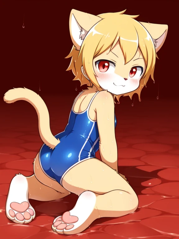 Alone, External, Red pupils,, (wet fur:1.4), detailed hair, young，one piece swimsuit,Firmware version, furry anime, Bragon, very cute face, face flushed, Playful, young, detailedbackground, Detailed fanart, pixiv, digitial painting, tmasterpiece, high high...