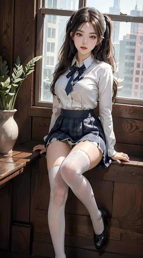 ulzzang-6500-v1.1, (raw photo:1.2), (photorealistic:1.4), beautiful detailed girl, solo, 1girl, yukinoshita yukino, twintails, blue eyes, detailed iris, looking at viewer, sitting, school uniform, white shirt, plaid skirt, loosse unfastened ribbon, black c...