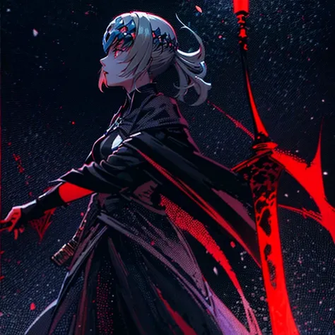 has a two-handed sword、Wearing a black robe、Red Eyes、Wearing a red aura、holding a scythe、Fantasticalな背景、Pretty Woman、Best image、​masterpiece、Fantastical、