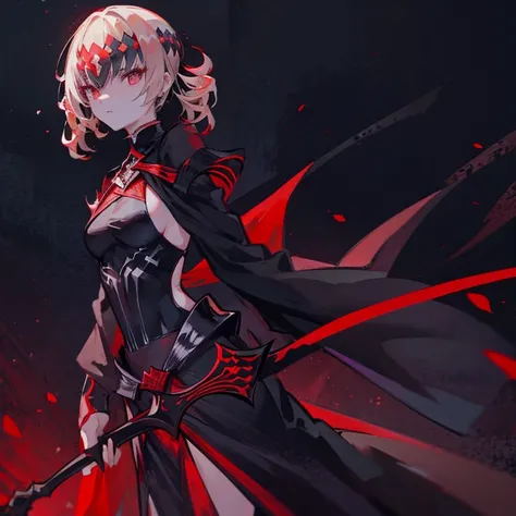 gazing at viewer、has a two handed sword、wearing a black robe、red eyes、wearing a red aura、holding a scythe、fantasticalな背景、pretty ...