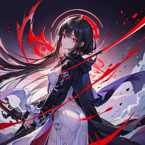 gazing at viewer、has a two handed sword、wearing a black robe、red eyes、wearing a red aura、holding a scythe、fantasticalな背景、pretty ...