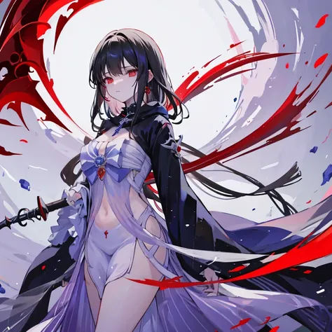 gazing at viewer、has a two handed sword、wearing a black robe、red eyes、wearing a red aura、holding a scythe、fantasticalな背景、pretty ...