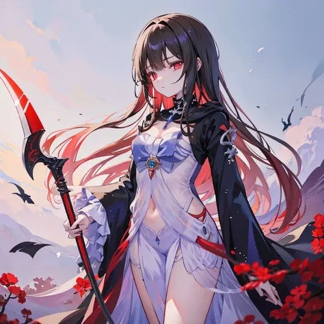 gazing at viewer、knight wearing armor、wearing a black robe、red eyes、wearing a red aura、holding a scythe、fantasticalな背景、pretty wo...