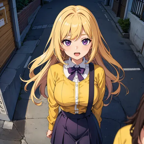 (Masterpiece, flawless quality, anime style:1.2), 1girl, teenager, yellow shirt, big bust, blonde hair, purple eyes, high view, looking at viewer, happy, opened mouth, street, standing, pov