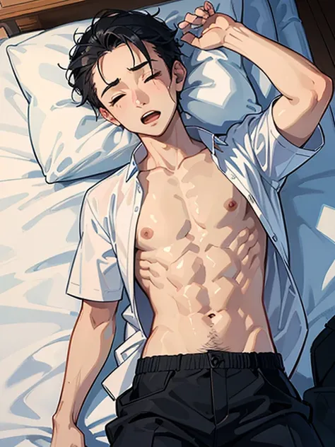 A young boy is sleeping in bed crying and worrying、Teary-eyed、barechested、not any dressed、Anxious look、A sexy、Trance、独奏、（（（raise both arm）））、Ahegao、shorth hair、Forehead、dishevled hair、base of ear、Open legs、kne、Thigh、Opening Mouth、You can take off your clot...