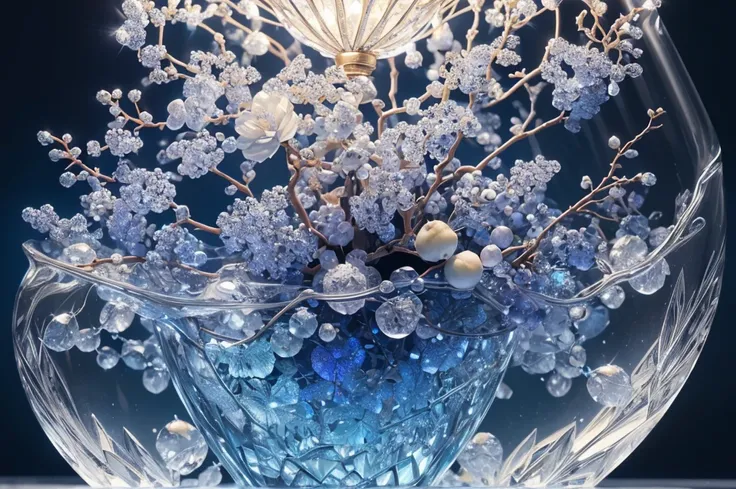 (Best quality, ultra-detailed, realistic: 1.37, countless crystal fruits on the vine, intricate detailquisite craftsmanship, light blue and white, stunning lighting, artistic shots, close-ups