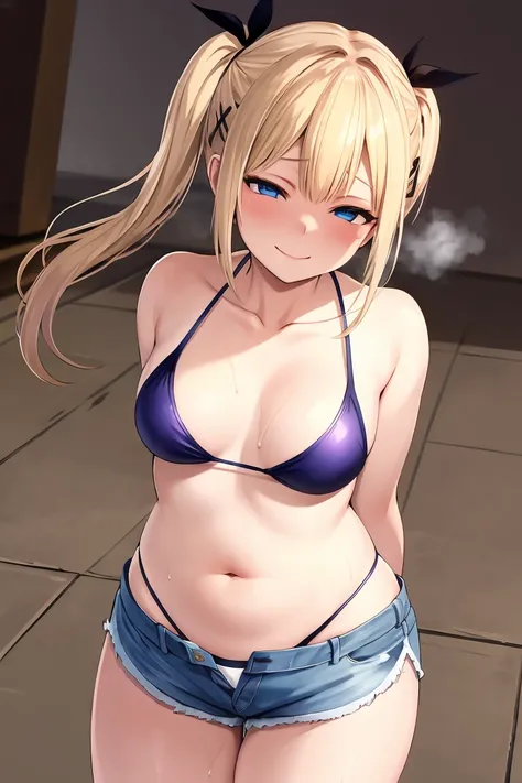 (masterpiece, high quality, highres:1),1girl,solo,breasts,simple background,false smile,standing,sweat,fog,bikini, short shorts, denim shorts, marie rose, flustered,panicking,rushing,long hair,forced smile,half-closed eyes,plump,arms behind back,ntrgao,dar...