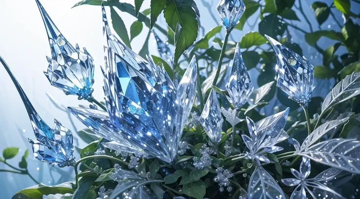 (Best quality, ultra-detailed, photorealistic: 1.37, numerous crystal fruits on vines, towering vines of magical plants, intricate details), light blue and white, stunning lighting, artistic shot, close-up