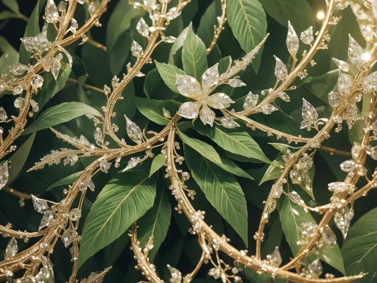 (Best quality at best,4K,A high resolution:1.2),crystallized vine,Sparkling crystals,Glittering leaves,Twisted tendrils,Botanical illustration style,Macro details,Rich textures,EtherealBeauty,HighDynamicRange,Studio lighting,The attention to detail