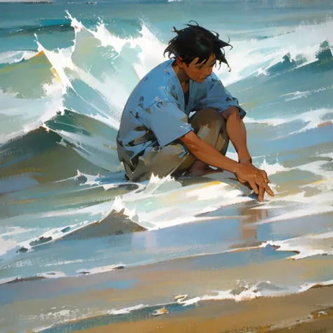 An old man painting, gentle waves in the artwork, traditional landscape art, fine brushwork, peaceful atmosphere, the sound of seagulls, masterful strokes, vibrant colors, a serene beach scene, a cool ocean breeze, a sense of tranquility, the artists metic...