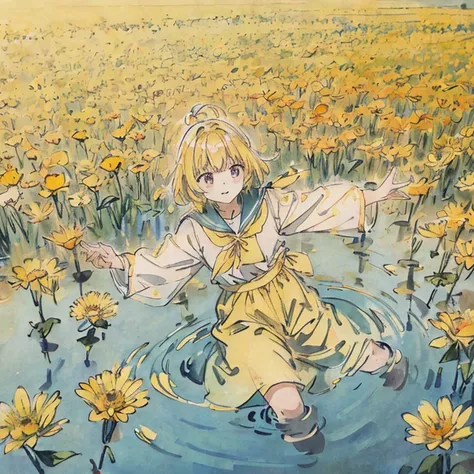 yellowflower、A yellow-haired one、flower  field、Sateen、Sateen伞、water puddles、reflector、a sailor suit