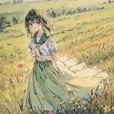 grass field，green color， freshen，Gentle girl，long  skirt，reflector、a sailor suit