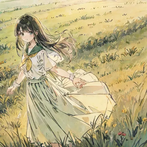 grass field，green color， freshen，Gentle girl，long  skirt，reflector、a sailor suit