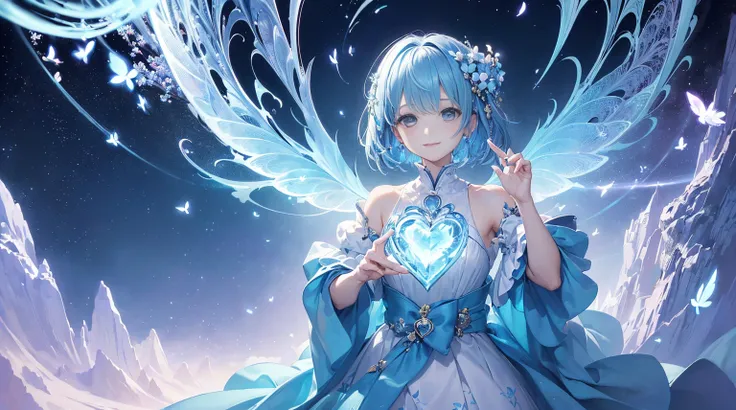 (​masterpiece、top-quality、top-quality、Official art、aesthetics:1.2)、(1girl in:1.3)、(Fractal Art:1.3)、short-hair、Spread your wings with both hands、embrace your heart、i&#39;I&#39;ll give you a diamond heart、forget-me-not blue light、A guide to endless flowers ...