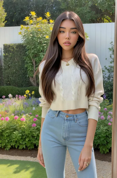 Masterpiece, stunning realistic, beste quality,sharpness,sharp face,photorealistic, photorealism, 1 girl,madison beer,standing in a garden,arms behind back,sweater ,skinny jeans,