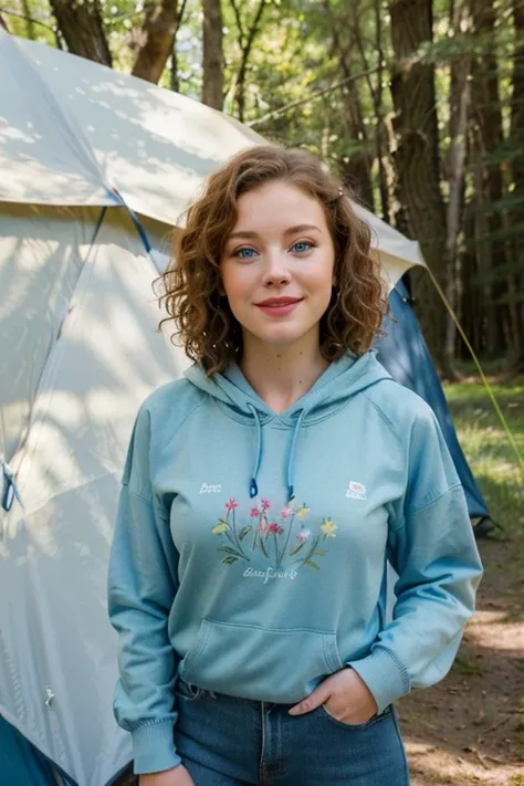 magnificent young woman with blue eyes, this woman has short and curly hair, luscious lips and is in the woods by a lake during the day with friends by a tent laughing and holding wild flowers, she is wearing a boho hoody and blue jeans