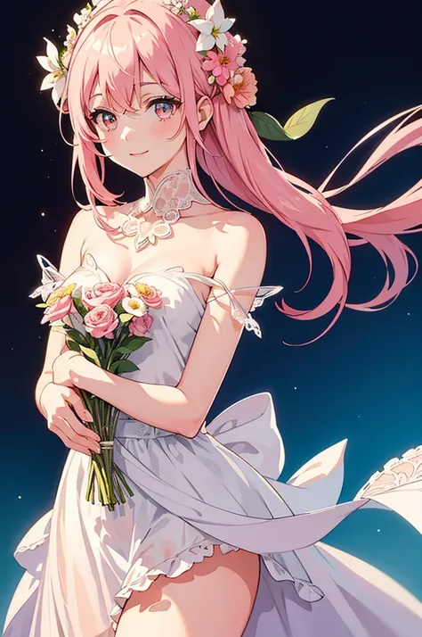 Body shot, pale pink color, diagonally above, cute and gentle smile, beautiful girl holding a bouquet of flowers so beautiful that you cant see her hands, beautiful eyes, rich watercolor, colorful, (delicate details, complex composition: 1.5) (Very detaile...