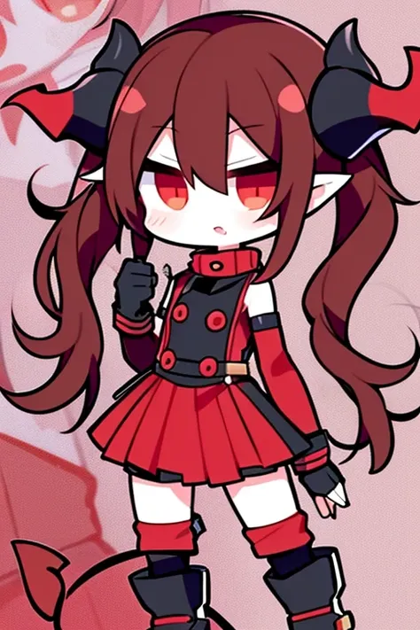 design, OvO, loli, little sister, short twintails, red boots, red scarf, brown hair, brat, kusogaki, mesugaki, black fingerless gloves, chuuni, chuunibyou, demon horns, messy hair, side locks, hair between eyes, fang mouth, full body, dynamic