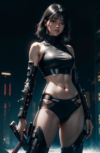 a futuristic female warrior holding a katana, (finely detailed skin), pale skin, (in a deep neckline highly detailed sexy futuristic cyberpunk black crop top and underpants made of circuit boards, japanese words with a flare effect, beautiful epic composit...