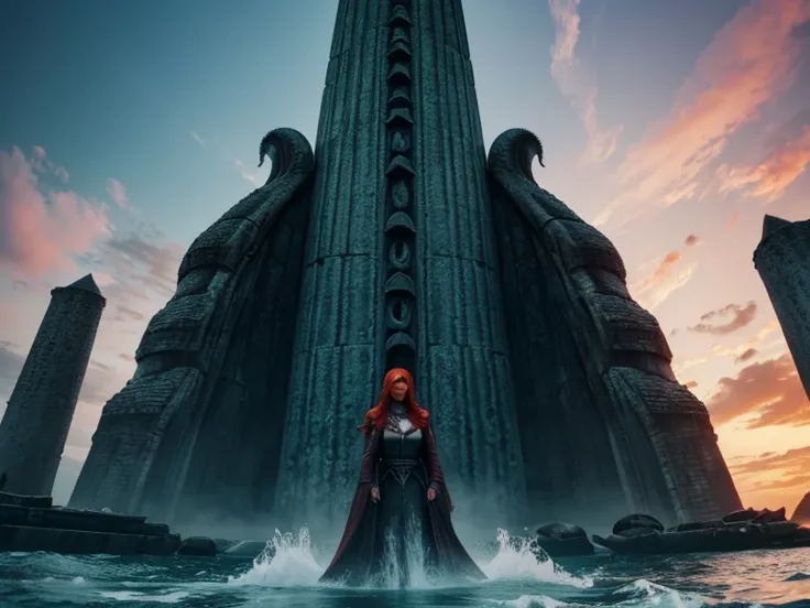 dagon escalando obelisco,  woman with red hair and Cthulhu behind is surrounded by Chthulhu mitus