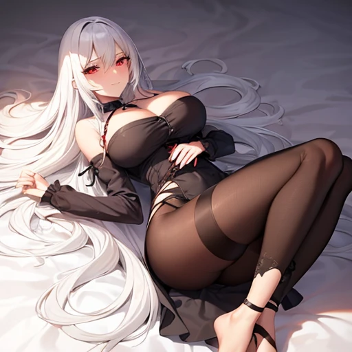 An attractive young woman with long straight white hair and red eyes. Petite body. Large breasts. Casual Gothic clothes. Blushing. Happy. Full body portrait. Lying, on back. In a state of undress.