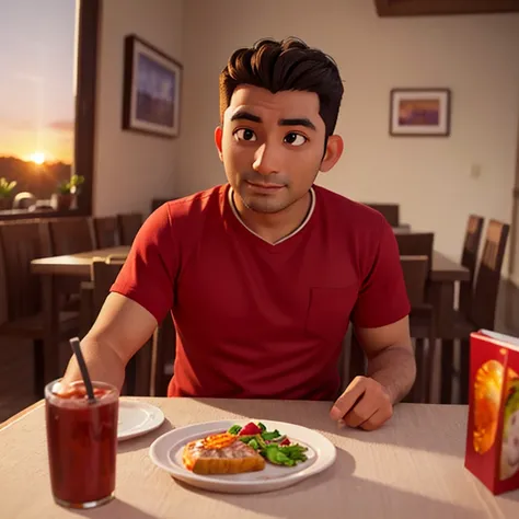 arafed man sitting at a table with a plate of food, 4 0 years old man, with accurate face, about 3 5 years old, 2 7 years old, during sunset, by Abidin Dino, 2 8 years old, 38 years old, 2 9 years old, (38 years old), ramil sunga, with sunset is name Aryo.