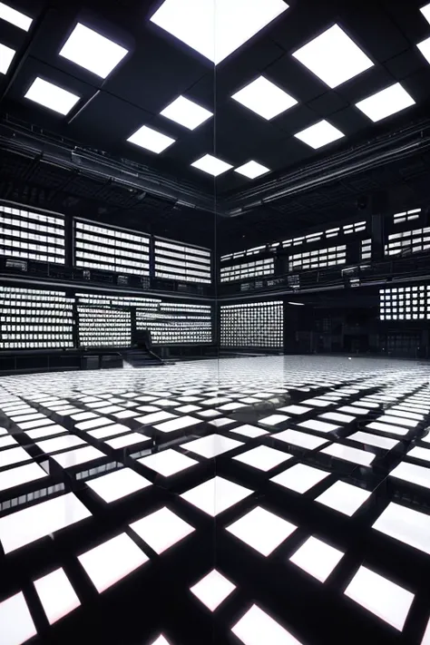 a room filled with lots of black and white boxes, digital art, inspired by Ryoji Ikeda, shutterstock, artem demura beeple, symmetrical outpost, abstract mirrors, infinite library