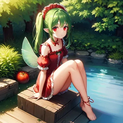 A very small fairy sitting on a ripe tomato branch　red knee-length dress with ruffles　puff sleeves　　(green ribbon headdress)　red hairs