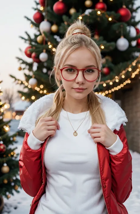 Slavic girl 26 years old, blonde hair, petite, slim, small boobs, ponytail, red glasses, wearing white down winter jacket, Christmas tree, Christmas gifts, ready to go outside